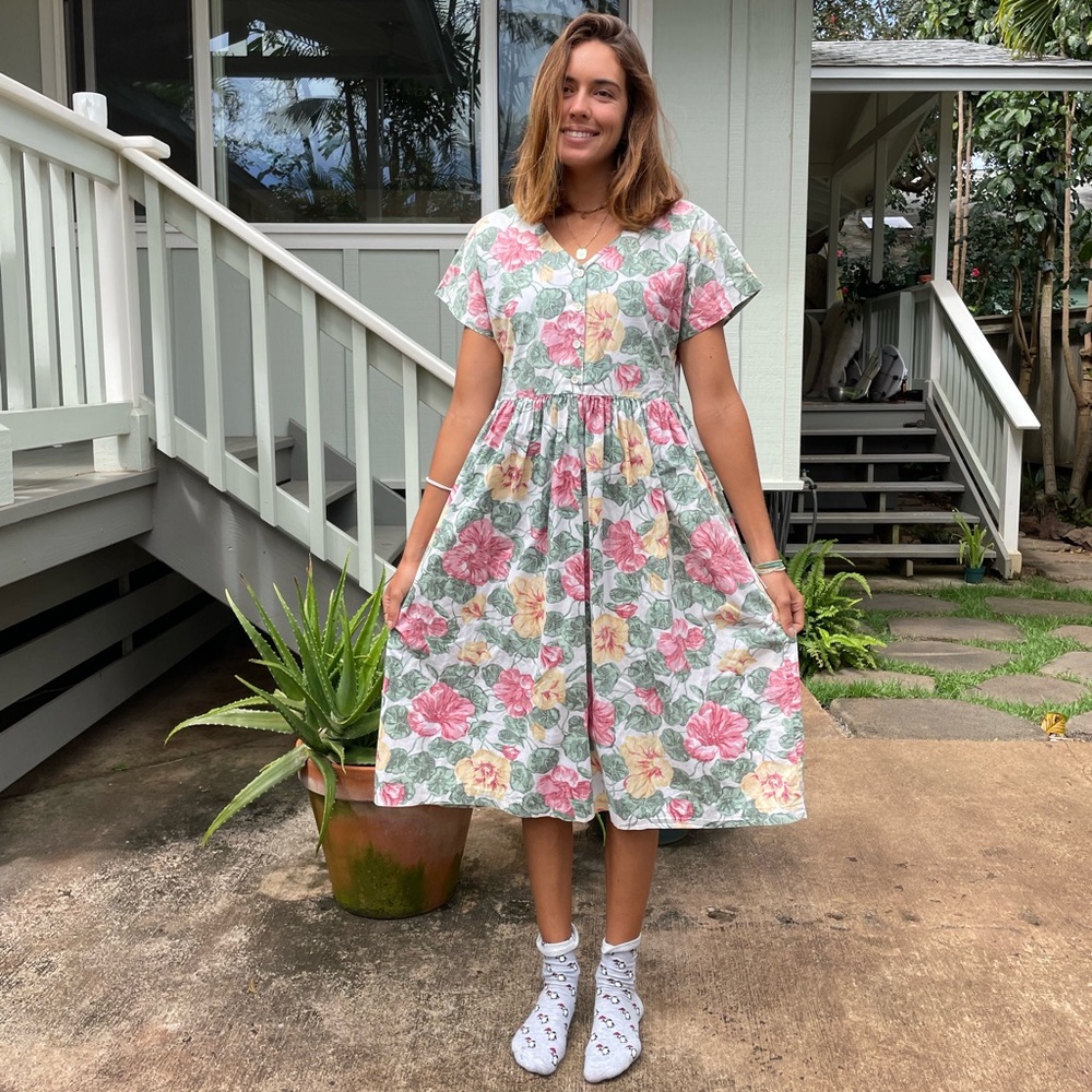 Vintage floral Victorian Style midi Dress cottage pink